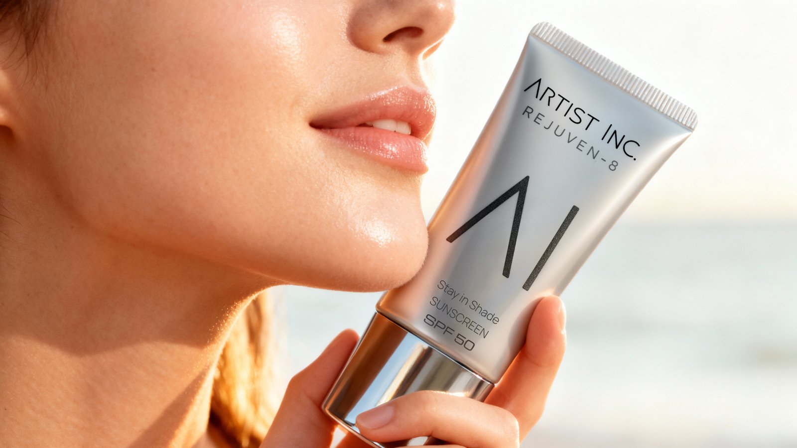 Stay in the Shade Sunscreen Artist Inc dengan SPF 50, melindungi kulit dari sinar UVA dan UVB serta memberi efek cerah alami.