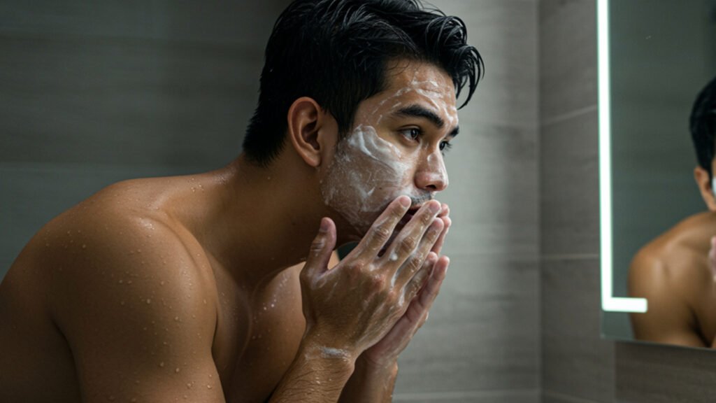 Pria sedang didepan kaca mencuci wajah