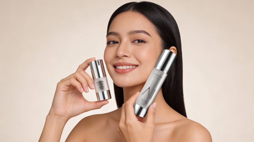 Menunjukkan basic skincare dari Rejuven-8 yaitu Pro Bio Glow Moisturizer & Back to Balance Essence Toner