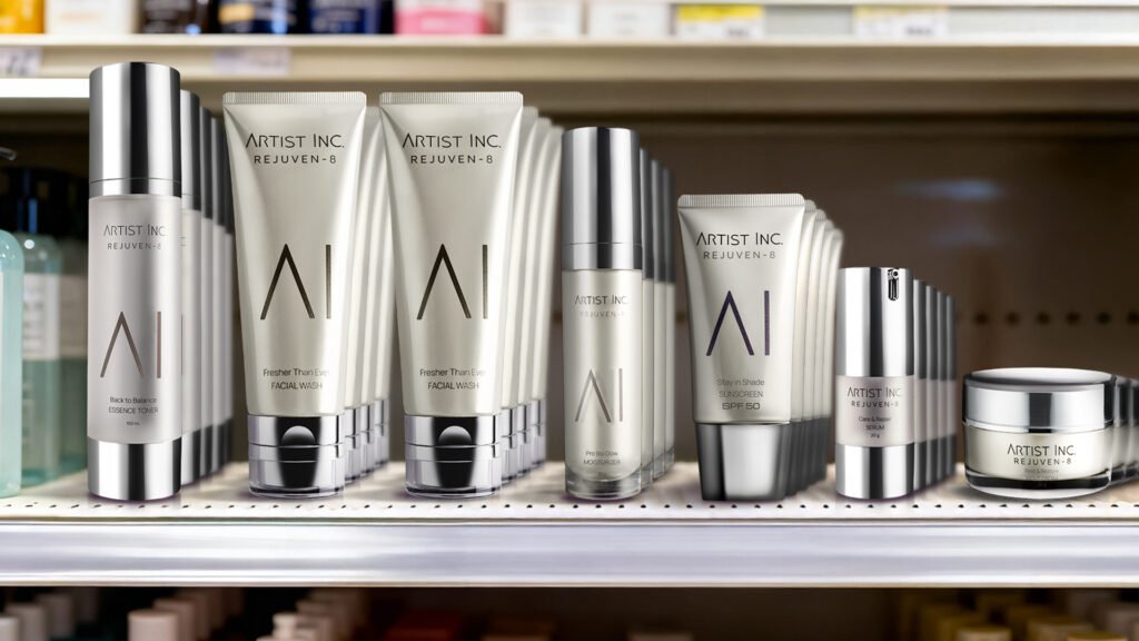 Display lengkap rangkaian Rejuven-8 Series di toko offline Artist Inc.