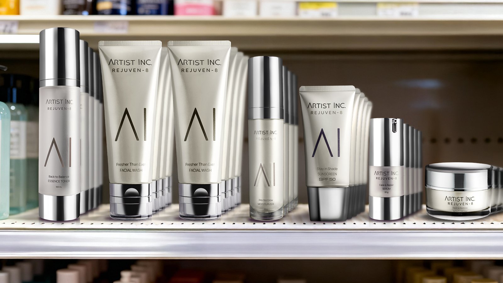 Display lengkap rangkaian Rejuven-8 Series di toko offline Artist Inc.