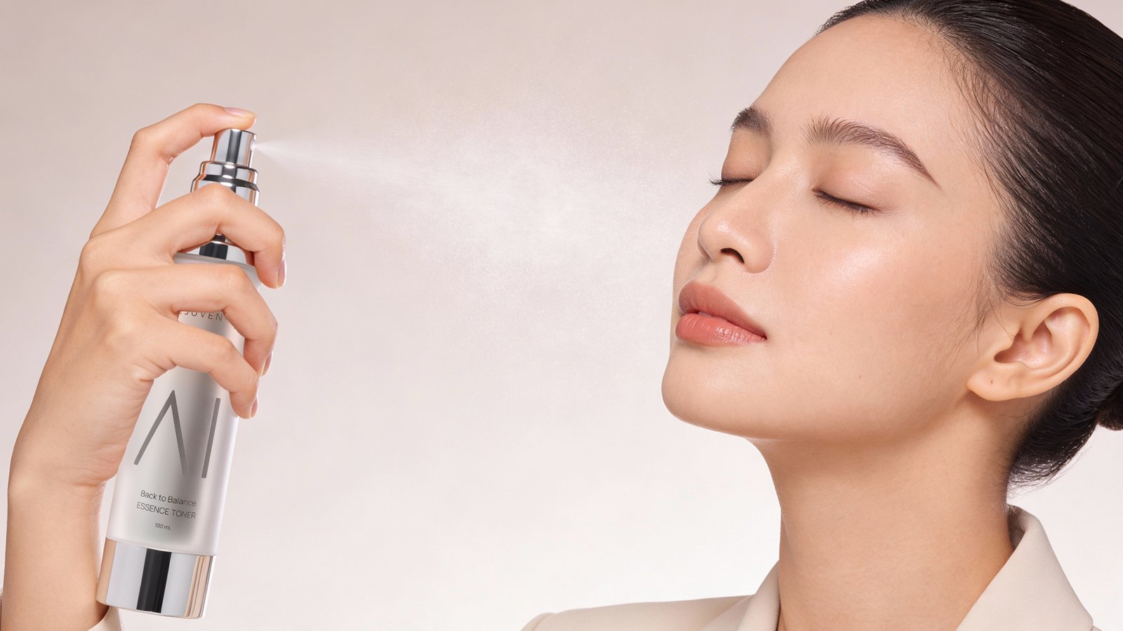 perempuan sedang spray toner ke wajahnya