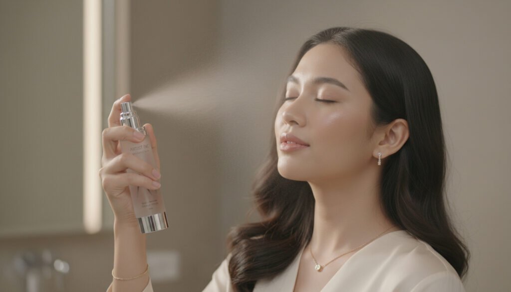 Talent sedang mengaplikasikan toner ke wajahnya