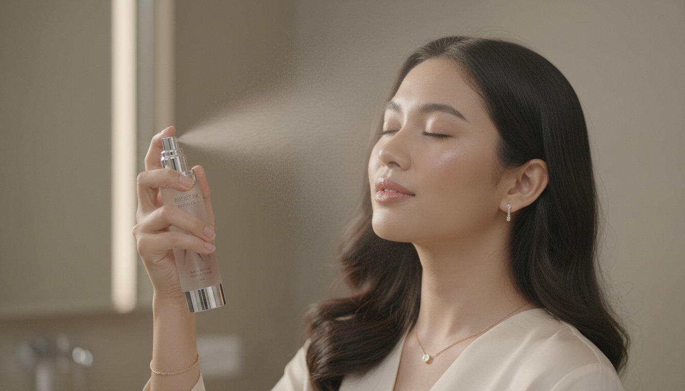 Talent sedang mengaplikasikan toner ke wajahnya