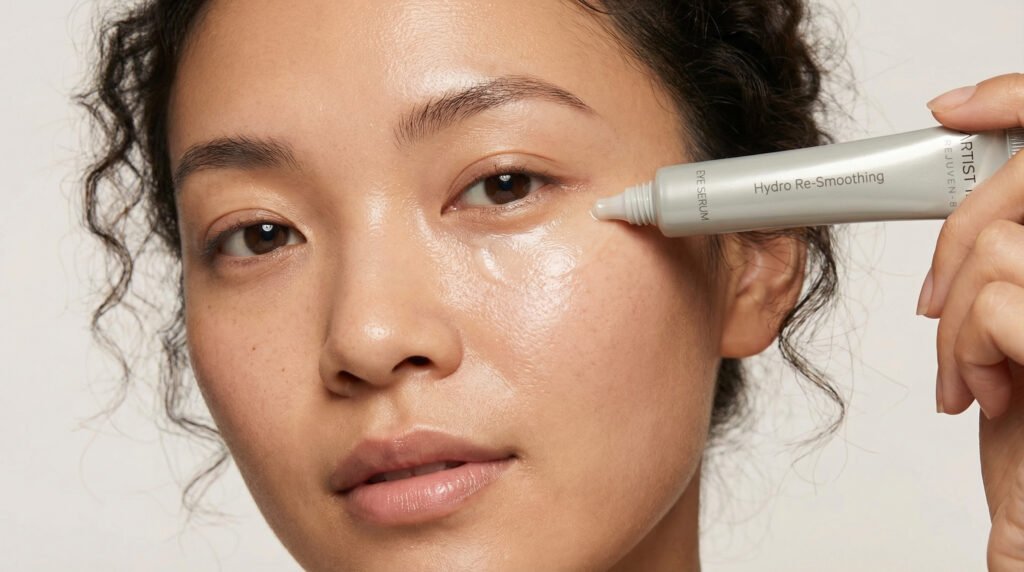 Perempuan sedang mengaplikasikan eye serum