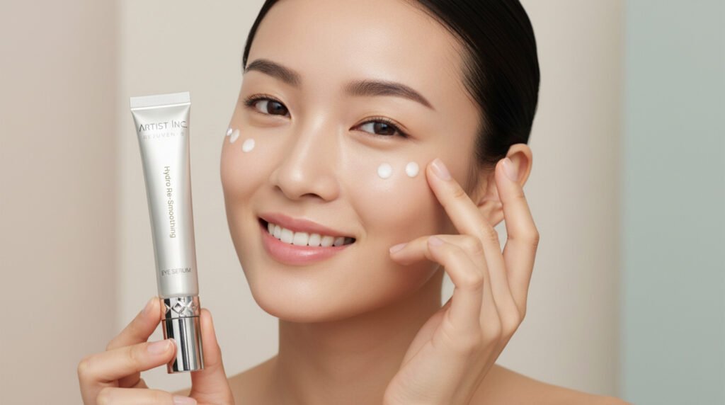 perempuan sedang mengaplikasikan eye serum sambil memegang product