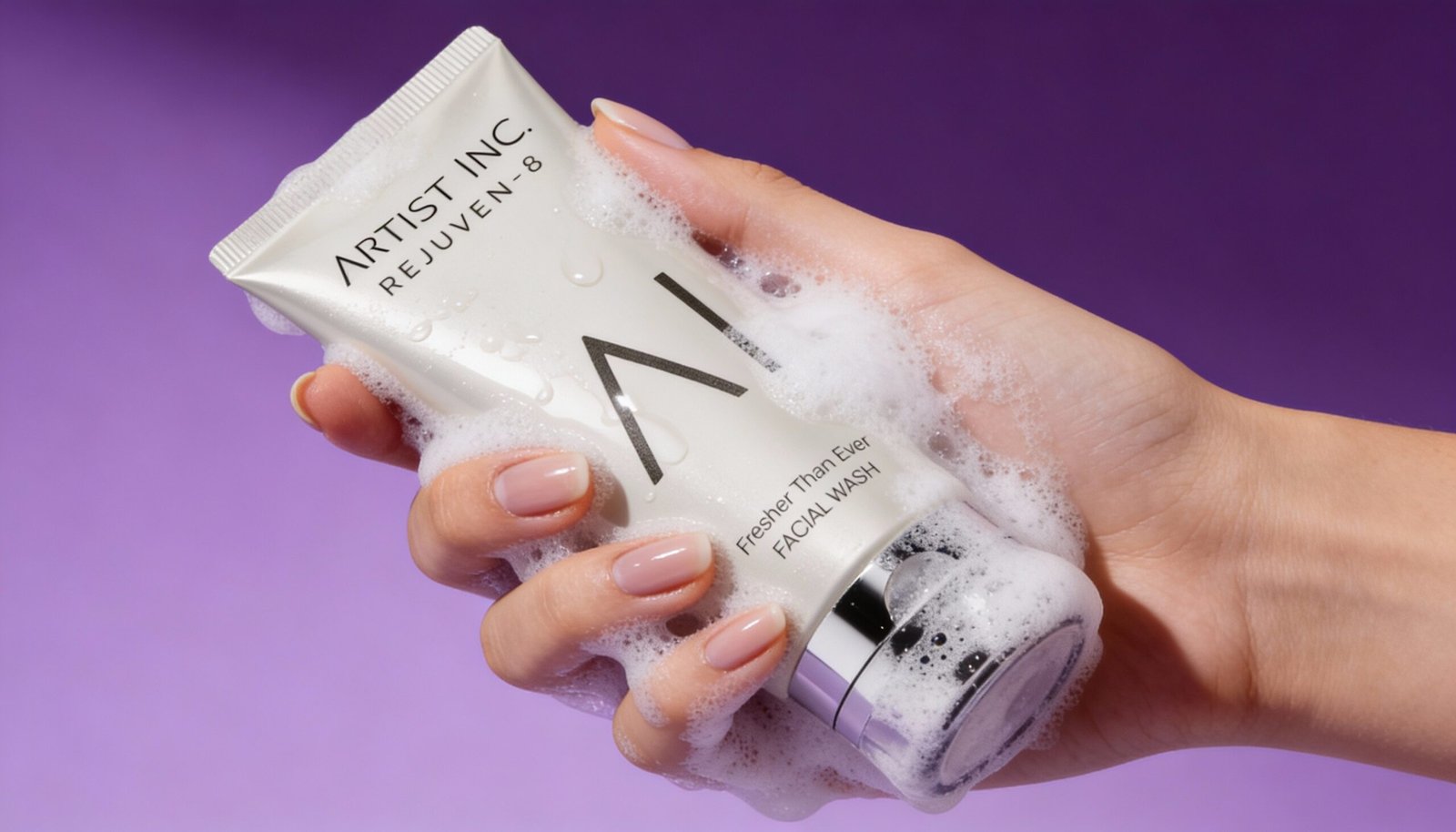 Facial wash yang sedang digenggam