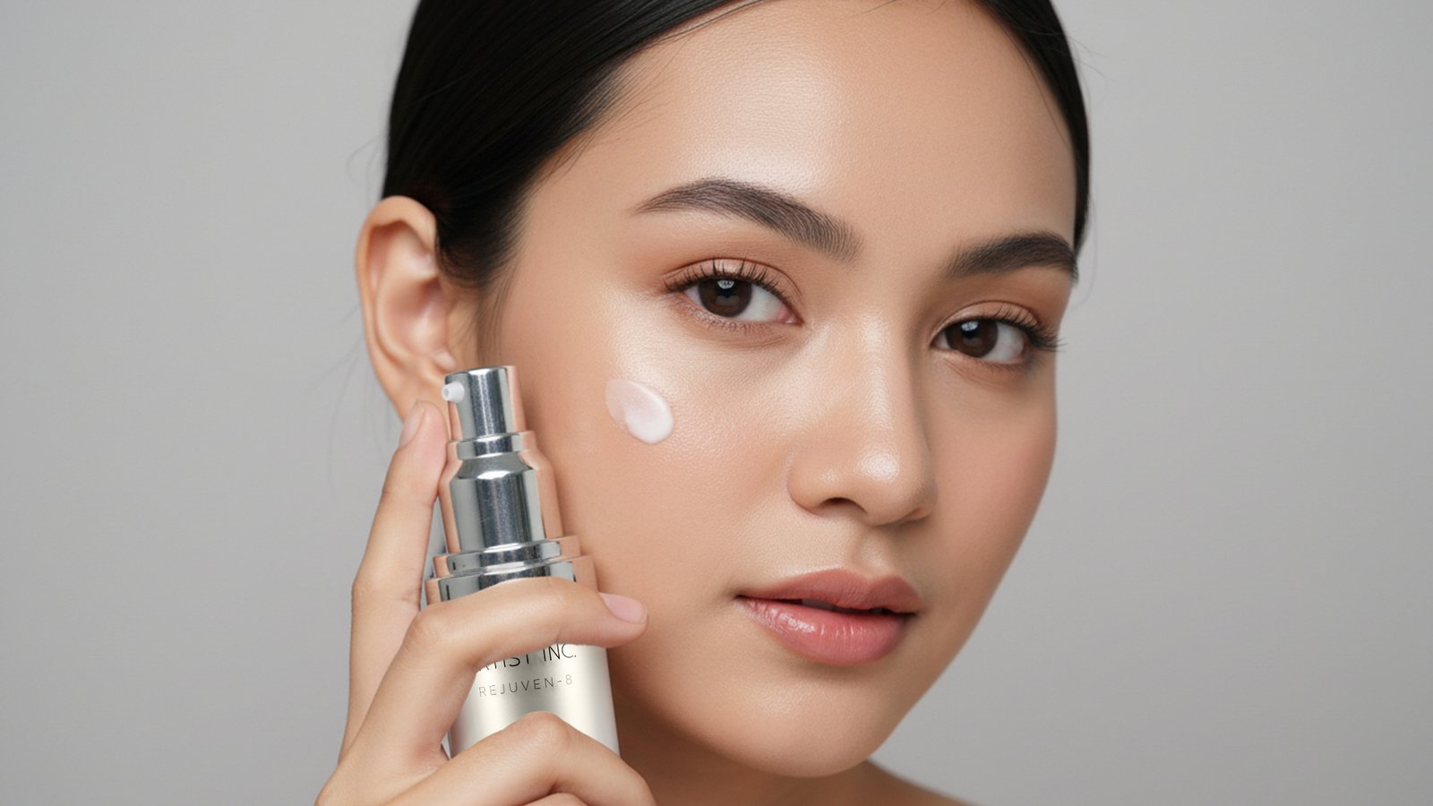 Talent sedang memegang moisturizer dan mengaplikasikan sedikit di wajahnya
