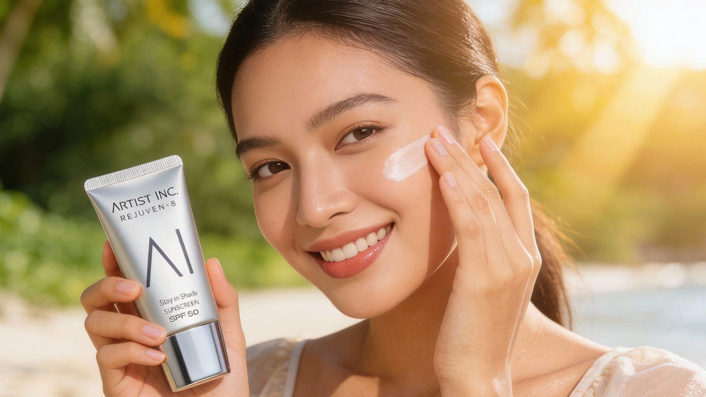 Talent berpose dengan sunscreen
