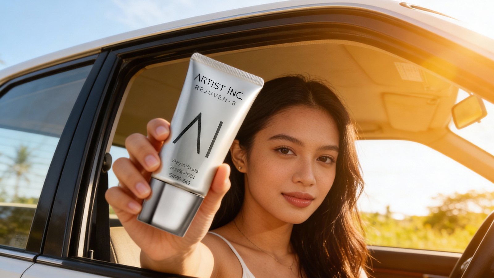 Talent sedang memegang product sunscreen