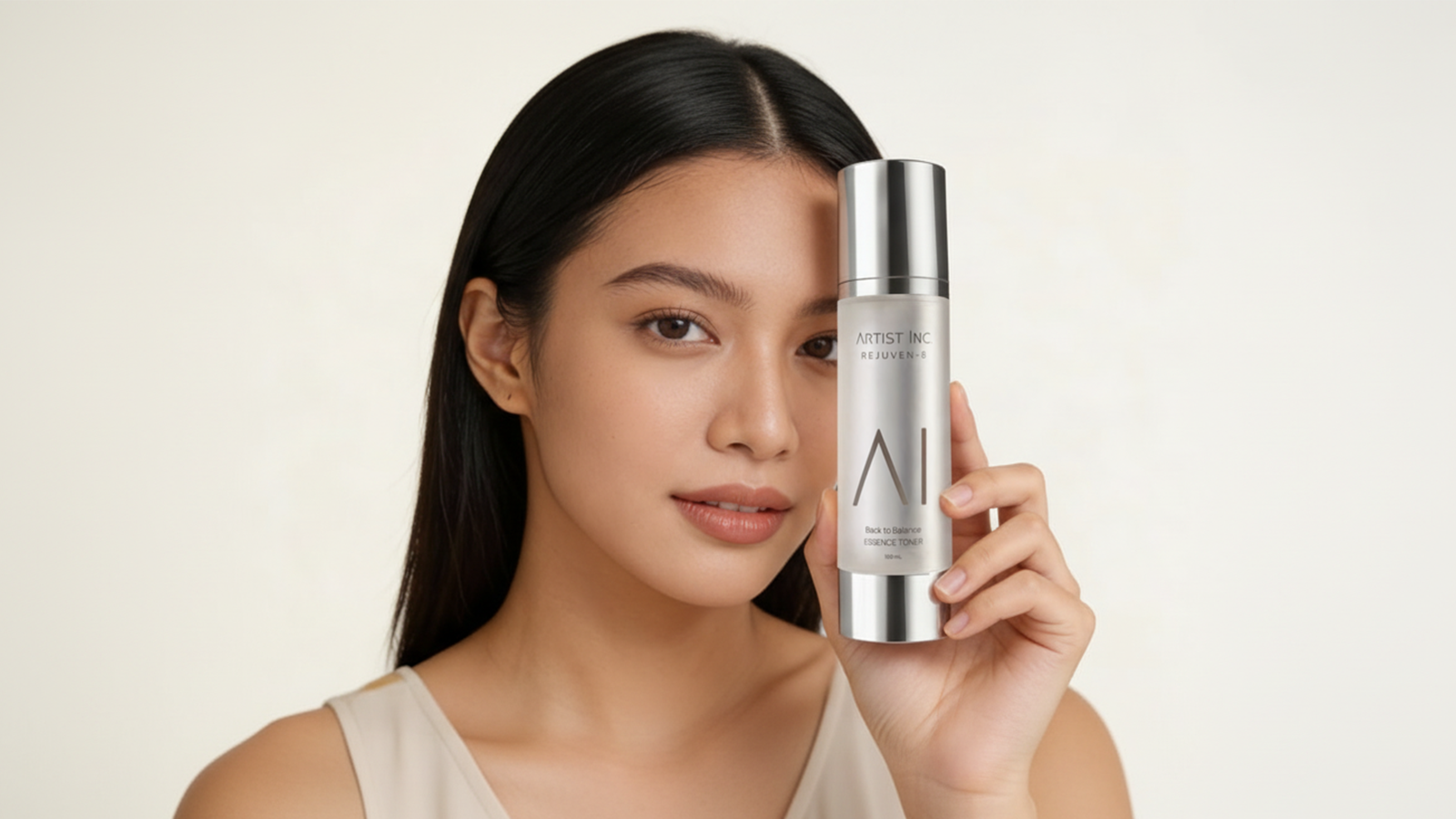 perempuan memegang botol toner